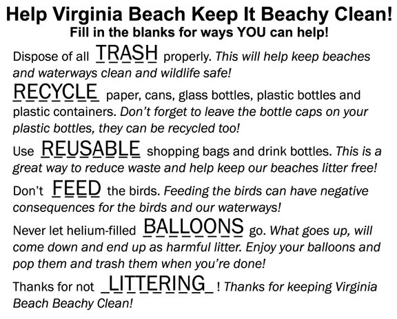Fill In Answers for Keep It Beachy Clean Activity Sheets for Kids
